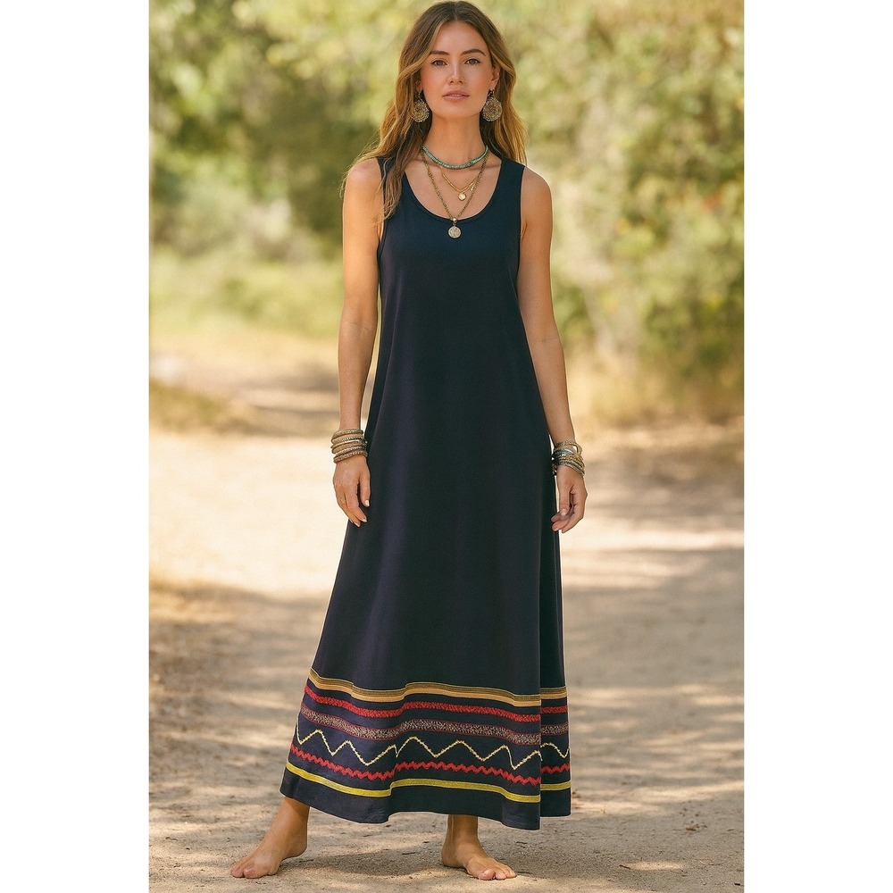 Earth Song Maxi Dress 6 Sleeveless Boho Chic Retro Folk Prairie Cottage Black